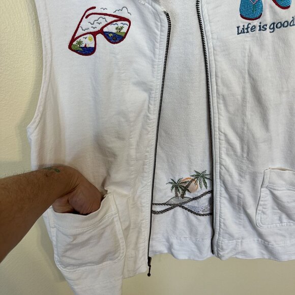 Life Is Good Columbia Hooded Zip Vest Medium White Embroidered Womens Beach - Picture 9 of 10